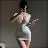 深V露胸蕾丝透视性感秘书包臀裙