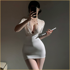 深V露胸蕾丝透视性感秘书包臀裙