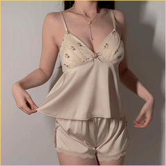 丝滑缎面拼纱深V居家套装 L码