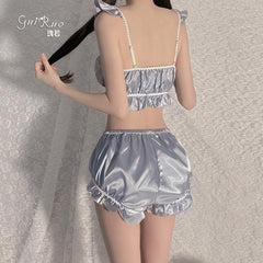 木耳花边深V聚拢绑带睡衣