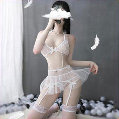 性感吊袜带激情蕾丝三点式网纱短裙套装