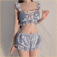 木耳花边深V聚拢绑带睡衣