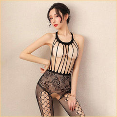 制服诱惑连体衣网眼性感开裆连身袜套装