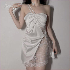 纯色吊带裙挂脖蕾丝一字肩睡衣