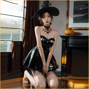 万圣节限定-暗夜漆皮cosplay女巫套装（帽子+项圈）