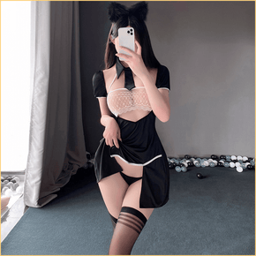 蕾丝透胸开衩露臀连衣裙