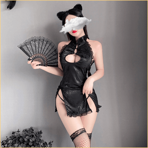 蕾丝古风缎面拼透纱旗袍